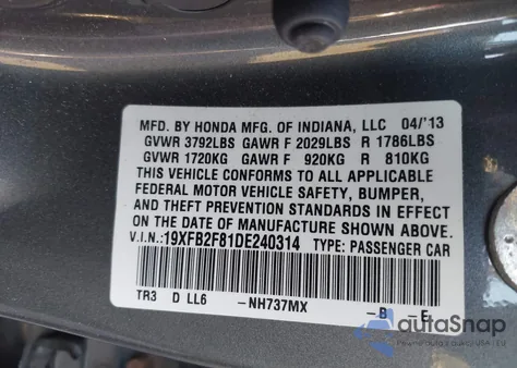 2013 Honda Civic Ex z USA, uszkodzony, nr VIN 19XFB2F81DE240314